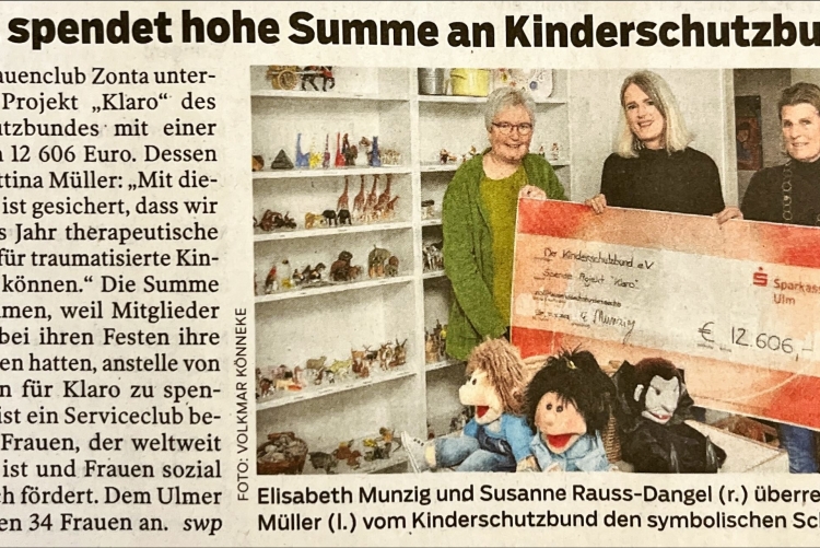 Zonta spendet hohe Summe an Kinderschutzbund